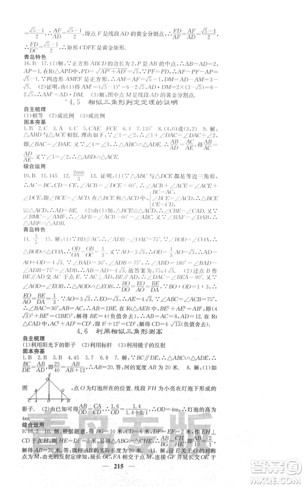 四川大學(xué)出版社2021名校課堂內(nèi)外九年級(jí)上冊數(shù)學(xué)北師大版青島專版參考答案