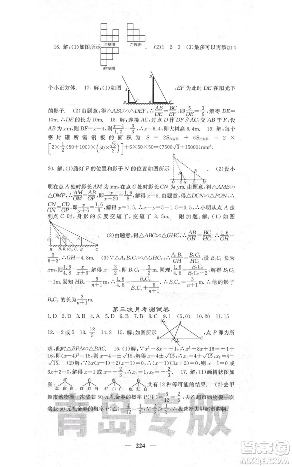 四川大學(xué)出版社2021名校課堂內(nèi)外九年級(jí)上冊數(shù)學(xué)北師大版青島專版參考答案