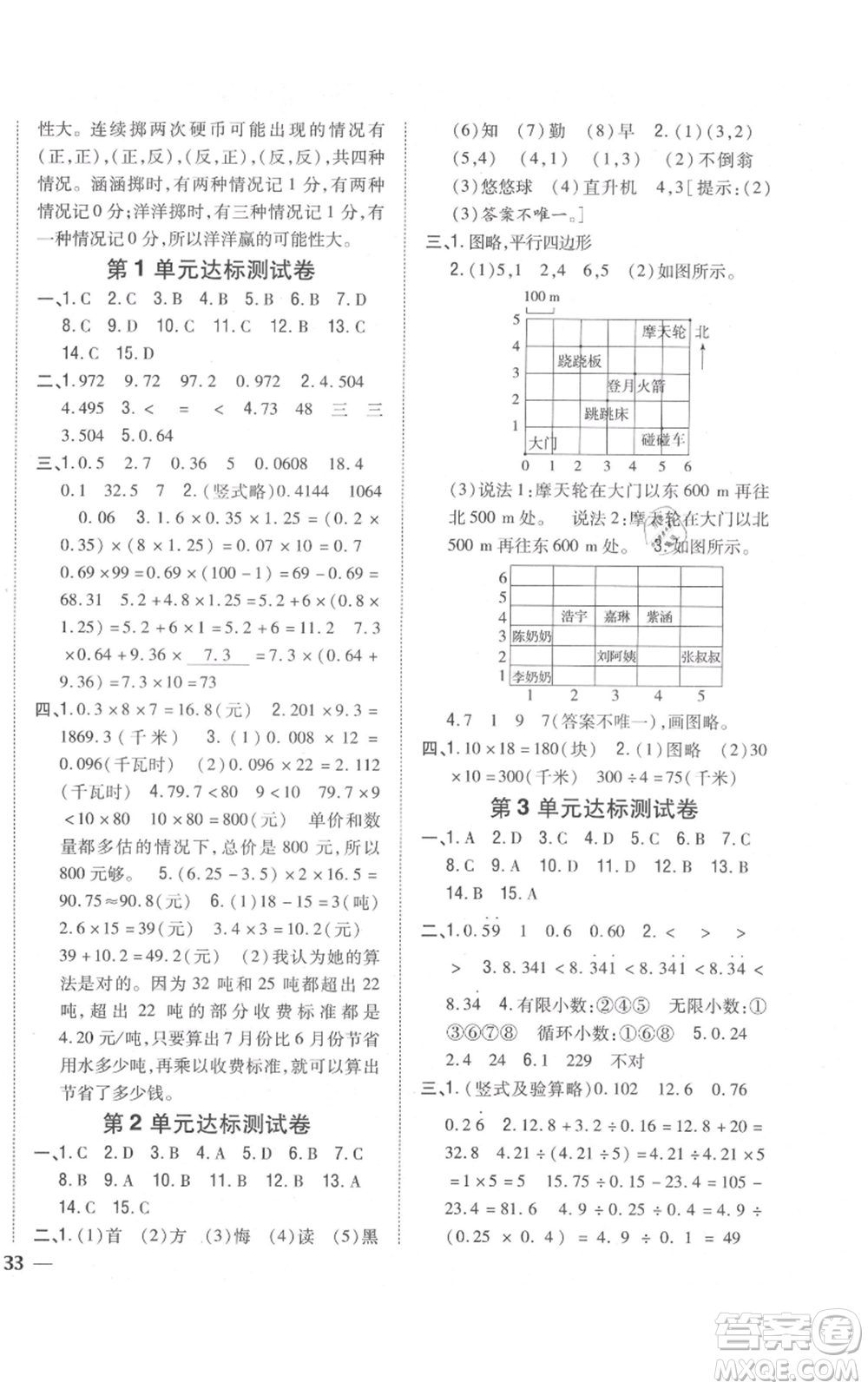 吉林人民出版社2021全科王同步課時練習校本作業(yè)五年級上冊數(shù)學人教版福建專版參考答案