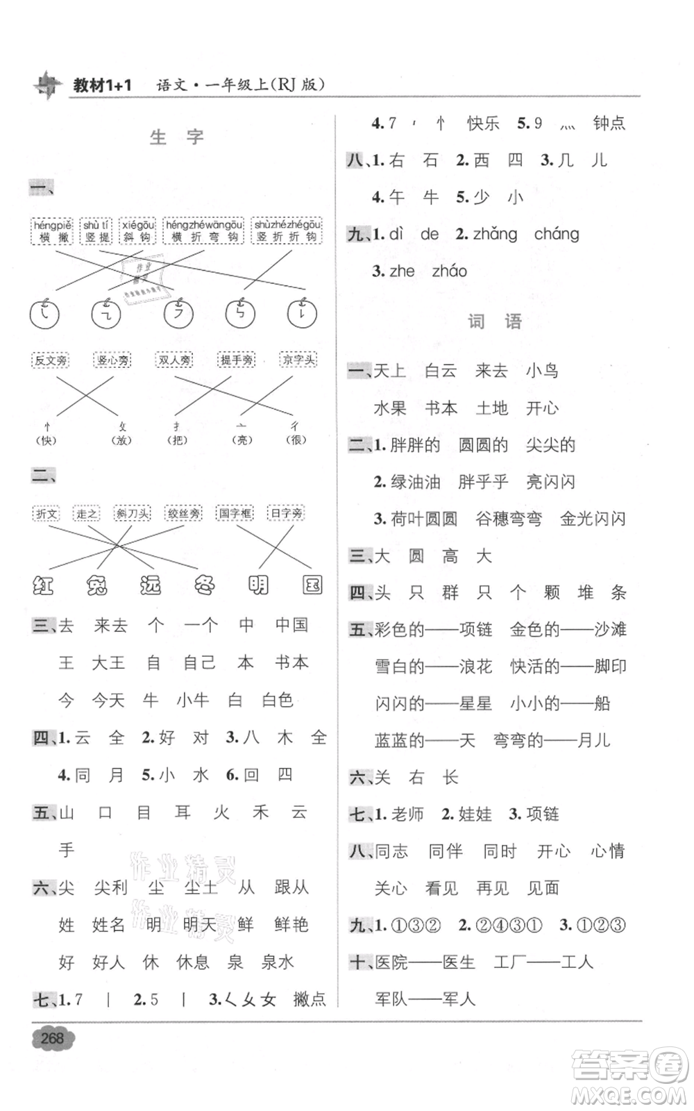 新疆青少年出版社2021教材1+1全解精練一年級上冊語文人教版參考答案