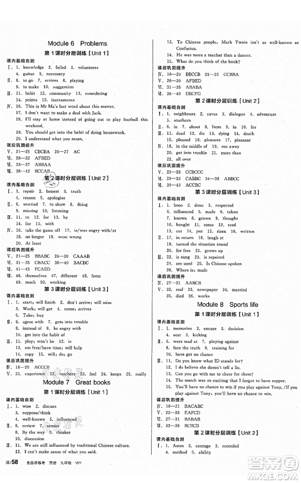 沈陽出版社2021全品學練考作業(yè)手冊九年級英語WY外研版廣西專版答案