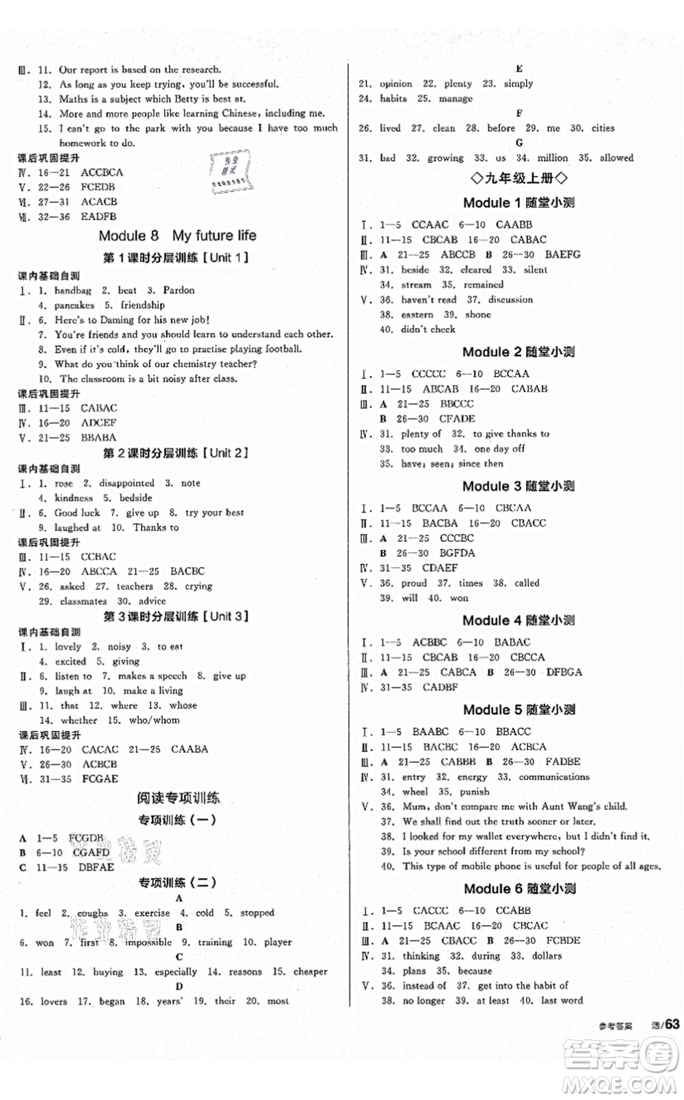 沈陽出版社2021全品學練考作業(yè)手冊九年級英語WY外研版廣西專版答案