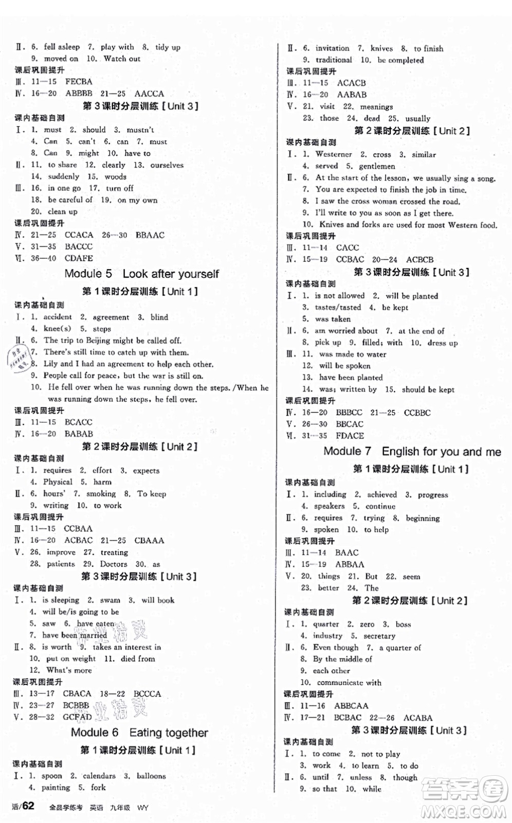 沈陽出版社2021全品學練考作業(yè)手冊九年級英語WY外研版廣西專版答案