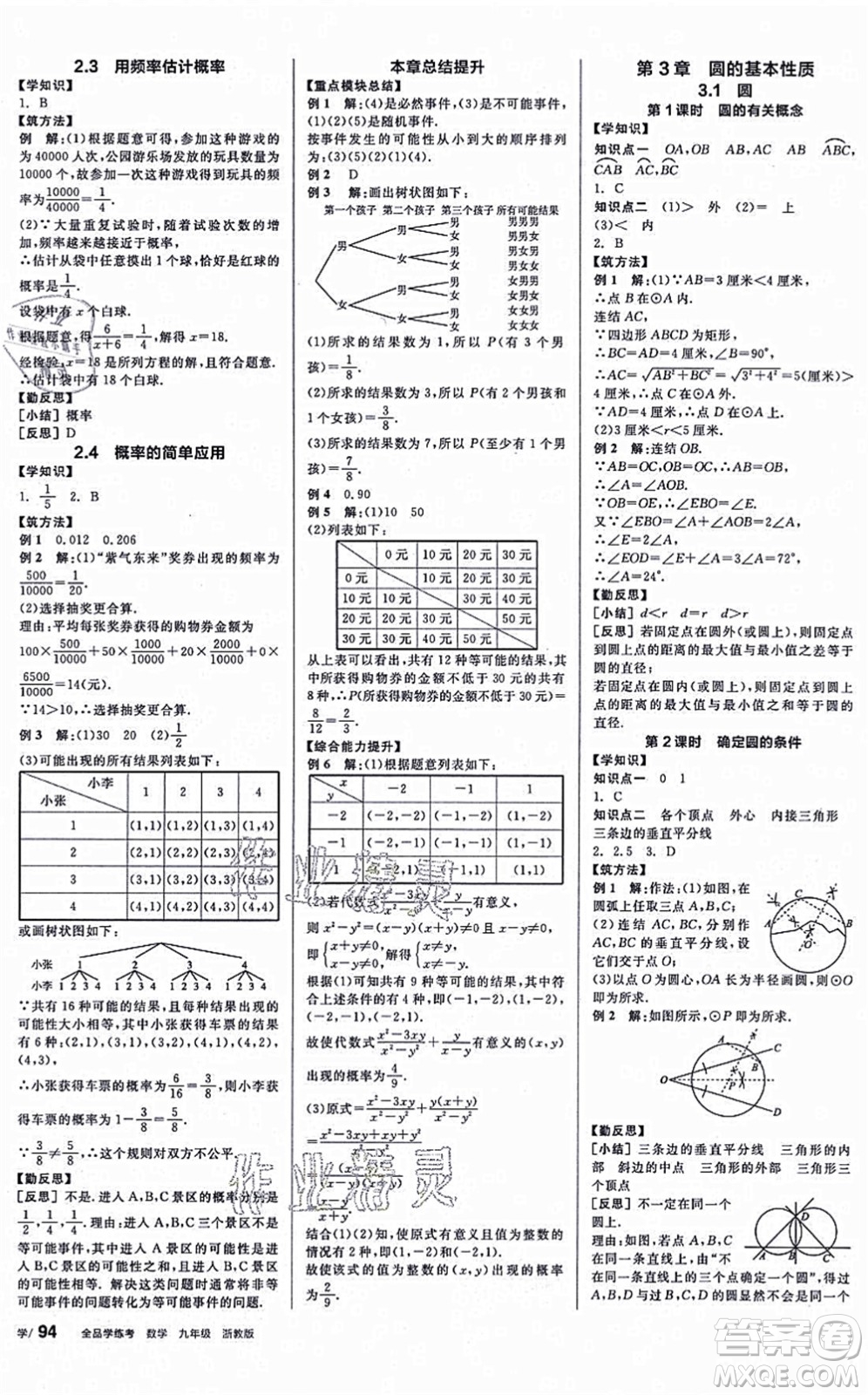 陽光出版社2021全品學(xué)練考作業(yè)手冊(cè)九年級(jí)數(shù)學(xué)AB本ZJ浙教版答案