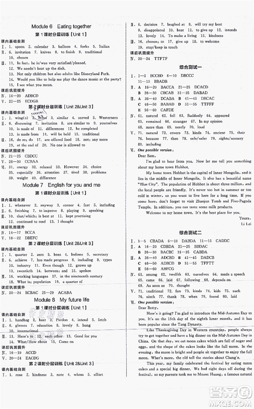 沈陽出版社2021全品學(xué)練考作業(yè)手冊九年級英語WY外研版內(nèi)蒙古專版答案