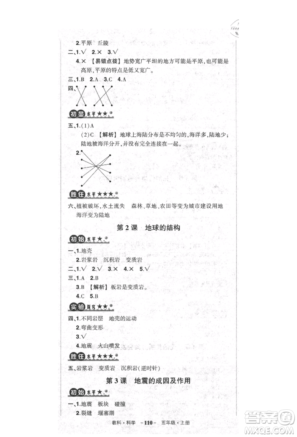 武漢出版社2021狀元成才路創(chuàng)優(yōu)作業(yè)100分五年級上冊科學(xué)教科版參考答案