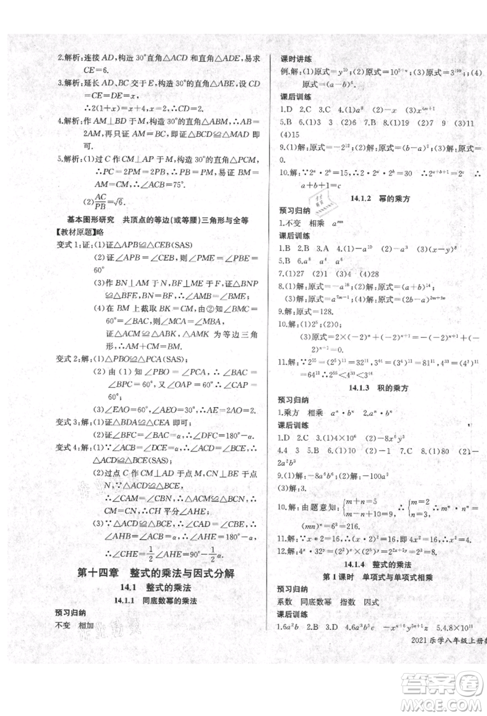 長江少年兒童出版社2021樂學(xué)課堂課時學(xué)講練八年級上冊數(shù)學(xué)人教版參考答案