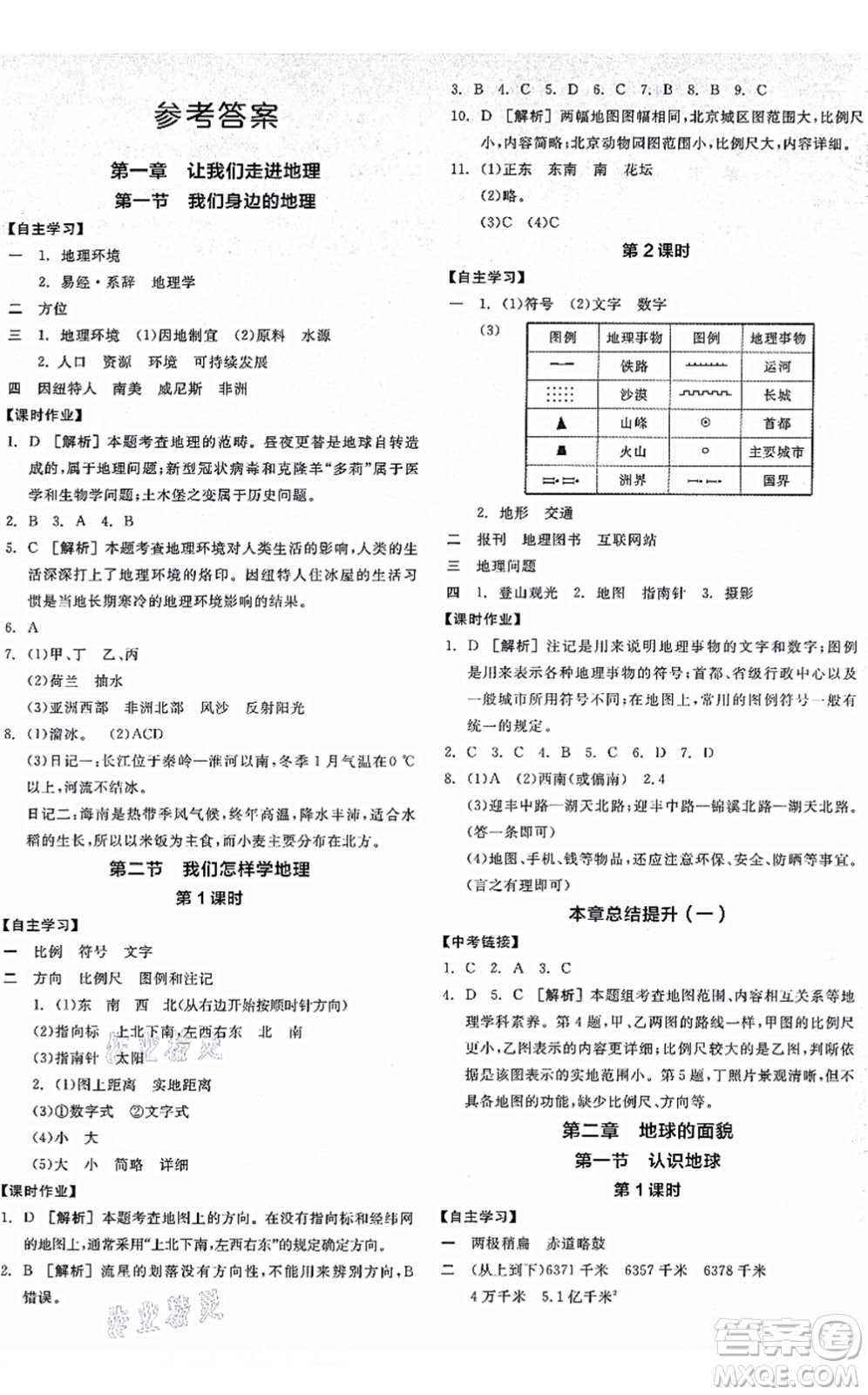 陽光出版社2021全品學練考七年級地理上冊XJ湘教版答案