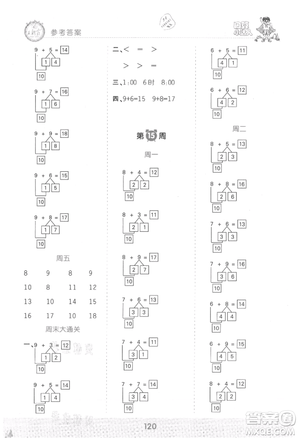 江西人民出版社2021王朝霞口算小達(dá)人一年級上冊數(shù)學(xué)人教版參考答案