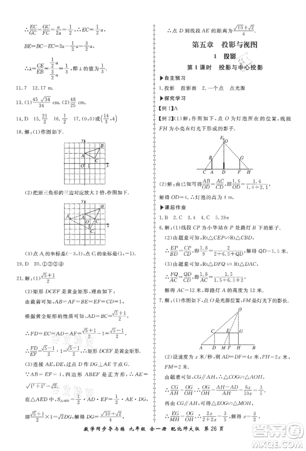 鄭州大學(xué)出版社2021新學(xué)案同步導(dǎo)與練九年級數(shù)學(xué)北師大版參考答案