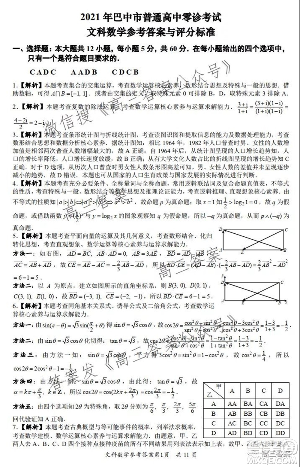 巴中市普通高中2019級零診考試文科數(shù)學試題及答案