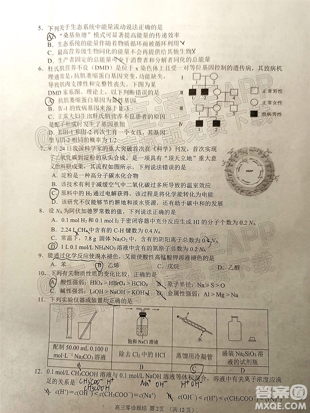 南充市高2022屆高考適應(yīng)性考試零診理科綜合試題及答案