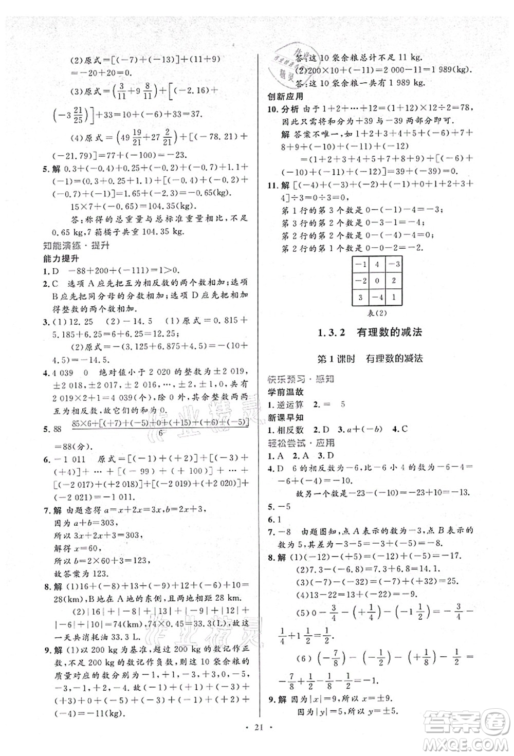 人民教育出版社2021初中同步測控優(yōu)化設(shè)計七年級數(shù)學(xué)上冊人教版答案