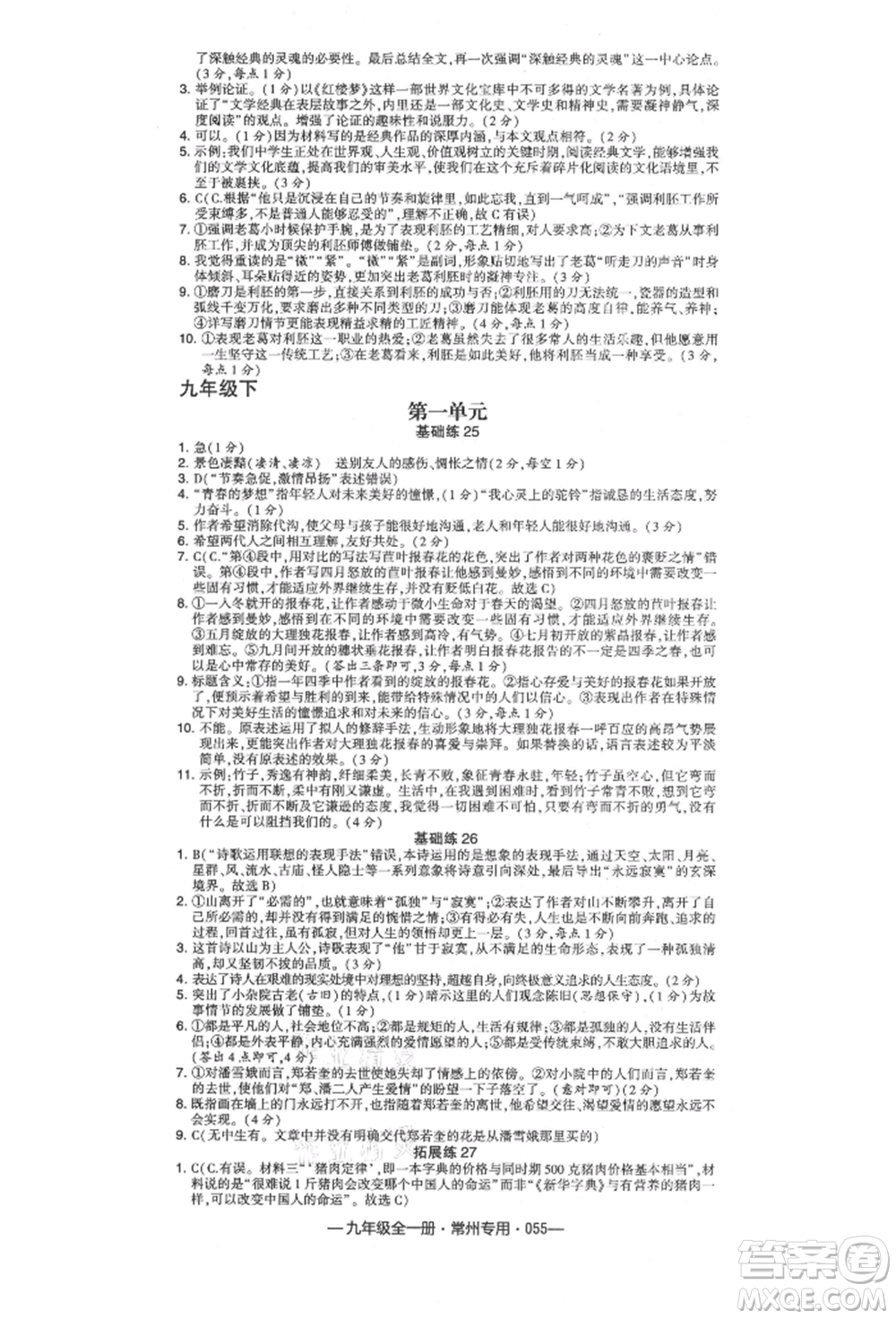 河海大學(xué)出版社2021經(jīng)綸學(xué)典學(xué)霸組合訓(xùn)練九年級語文人教版常州專用參考答案