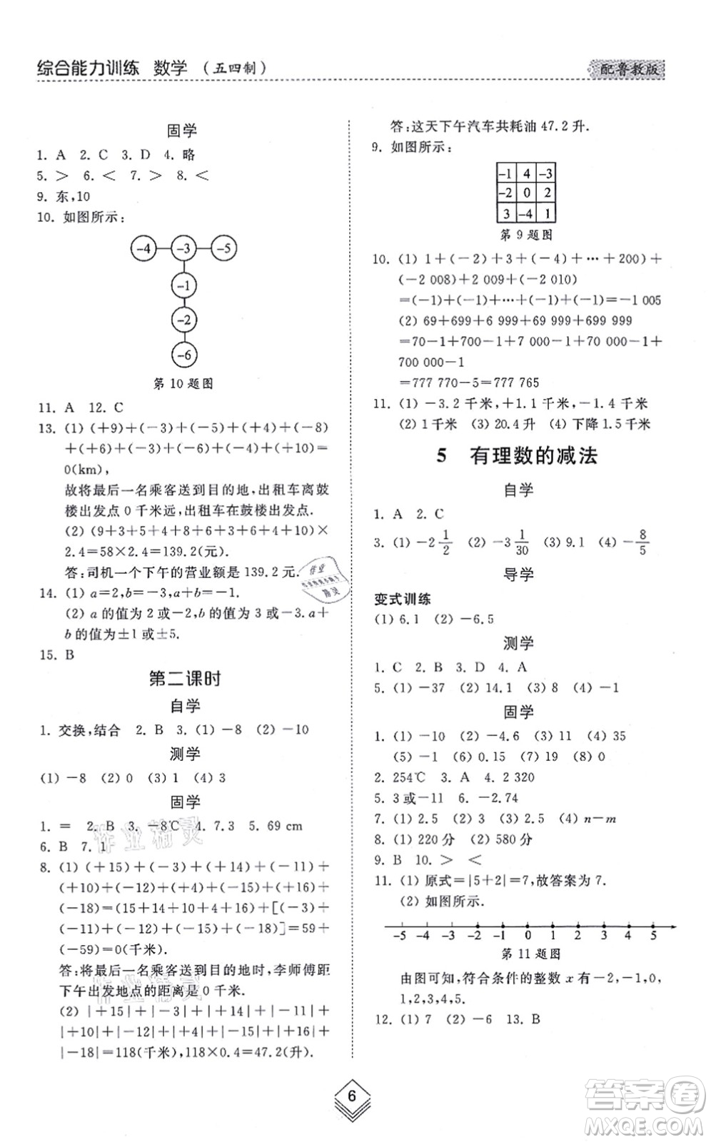 山東人民出版社2021綜合能力訓練六年級數(shù)學上冊五四制魯教版答案