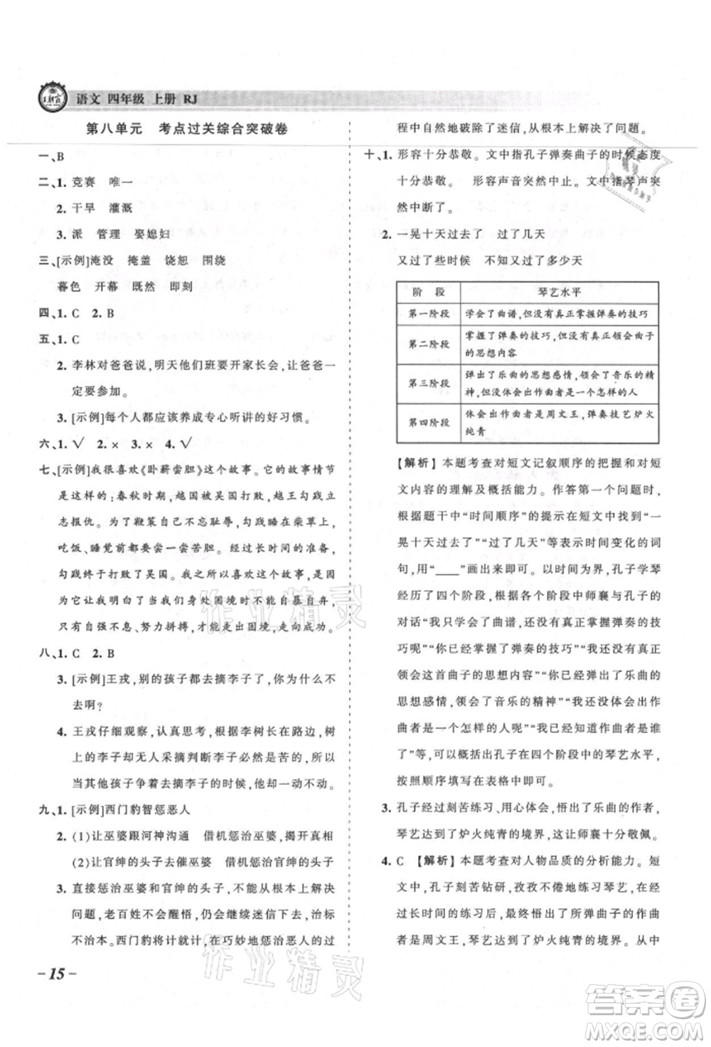 江西人民出版社2021王朝霞考點梳理時習(xí)卷四年級上冊語文人教版參考答案