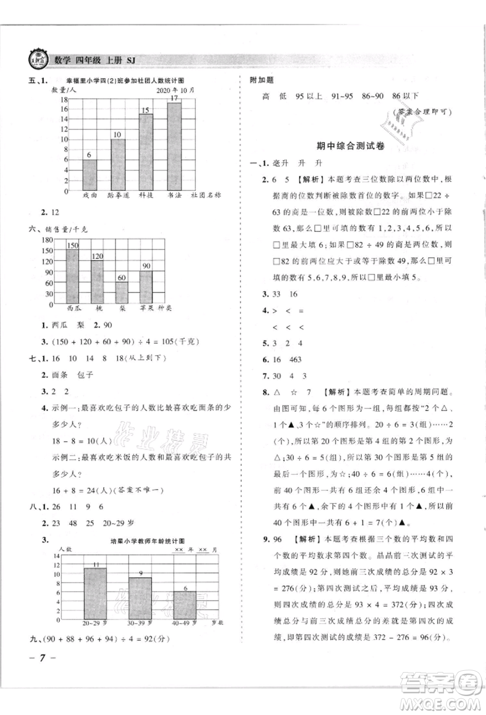 江西人民出版社2021王朝霞考點梳理時習卷四年級上冊數(shù)學蘇教版參考答案