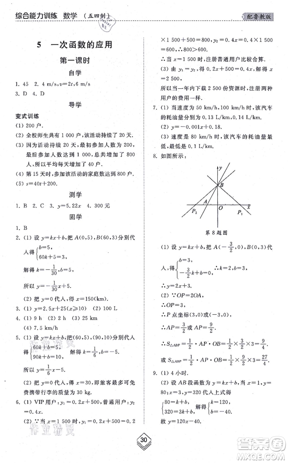 山東人民出版社2021綜合能力訓練七年級數(shù)學上冊五四制魯教版答案