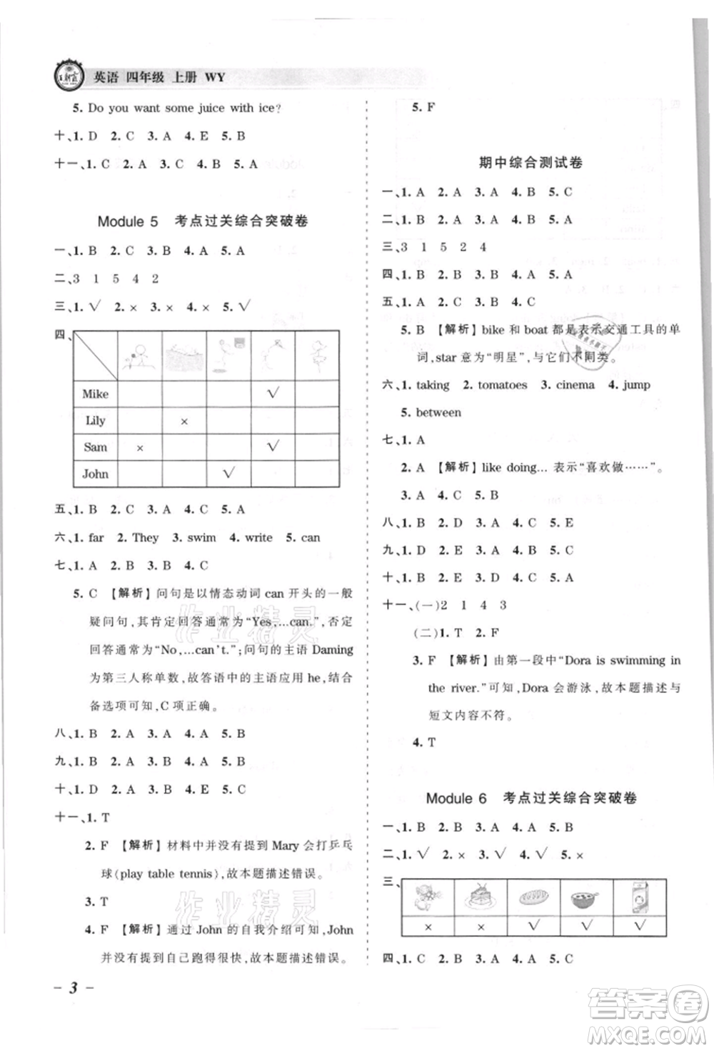 江西人民出版社2021王朝霞考點(diǎn)梳理時(shí)習(xí)卷四年級(jí)上冊(cè)英語外研版參考答案