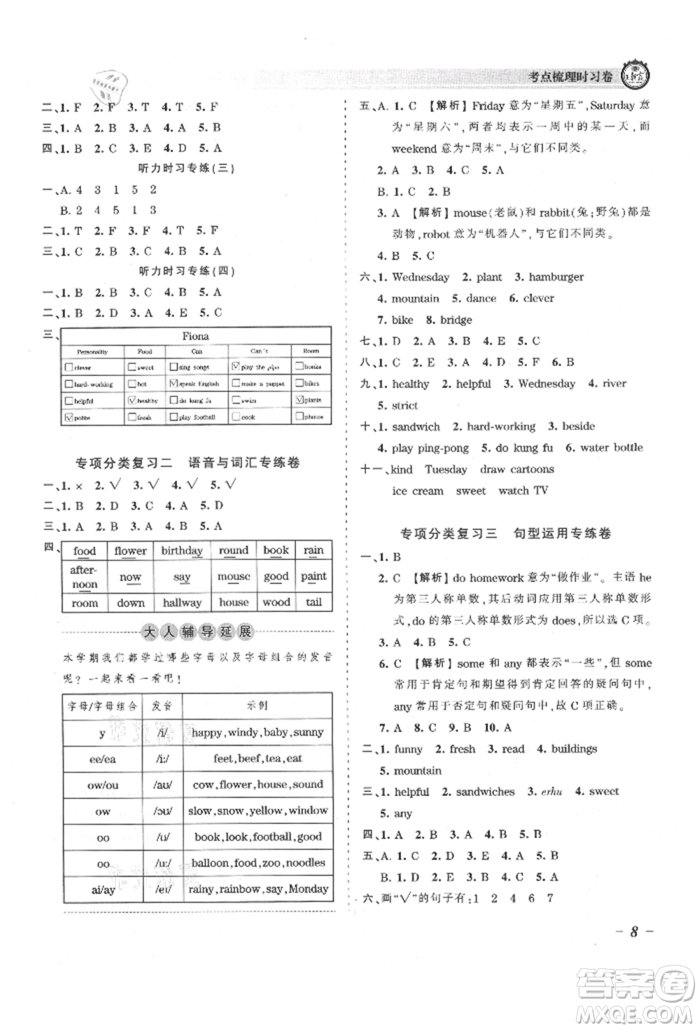 江西人民出版社2021王朝霞考點(diǎn)梳理時習(xí)卷五年級上冊英語人教版參考答案