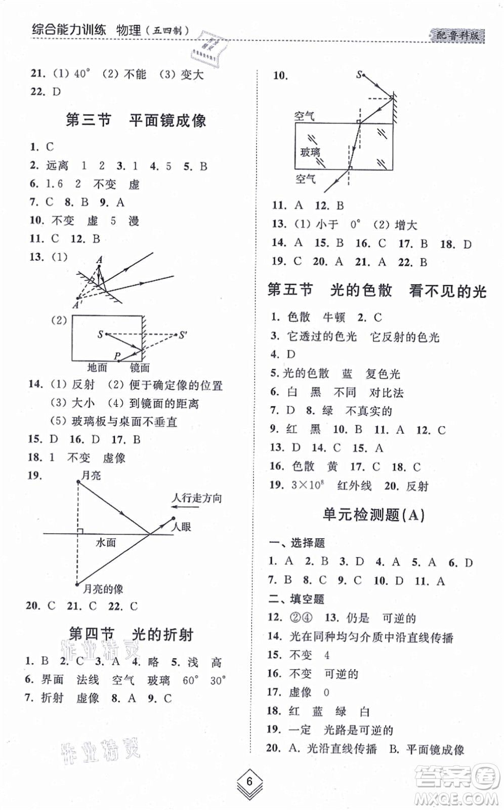 山東人民出版社2021綜合能力訓練八年級物理上冊五四制魯科版答案