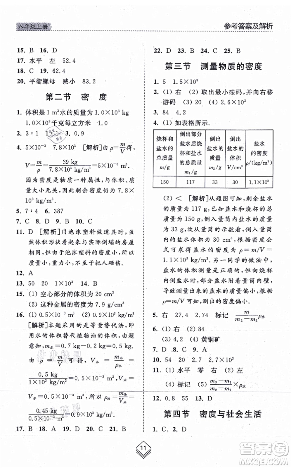 山東人民出版社2021綜合能力訓練八年級物理上冊五四制魯科版答案