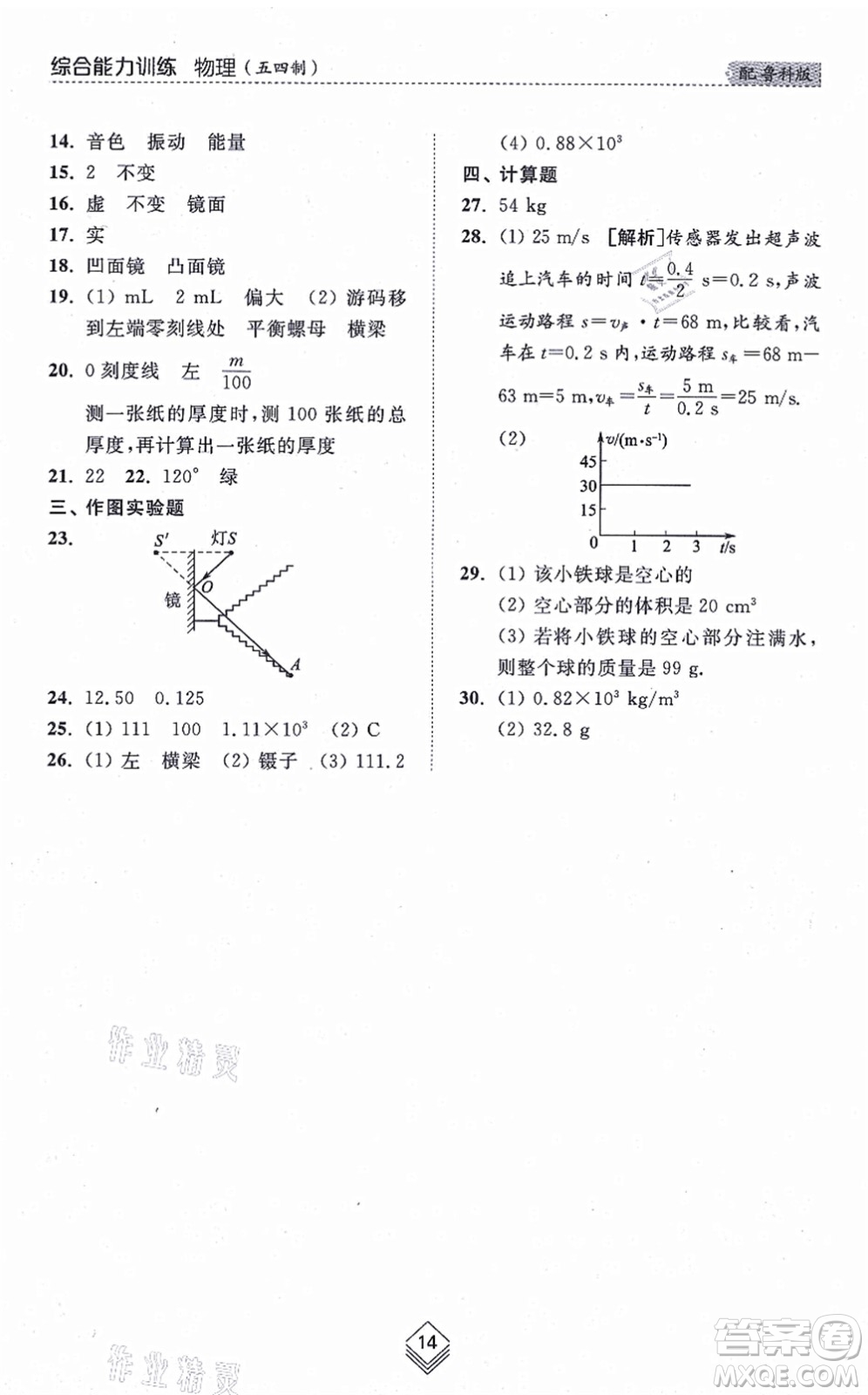 山東人民出版社2021綜合能力訓練八年級物理上冊五四制魯科版答案