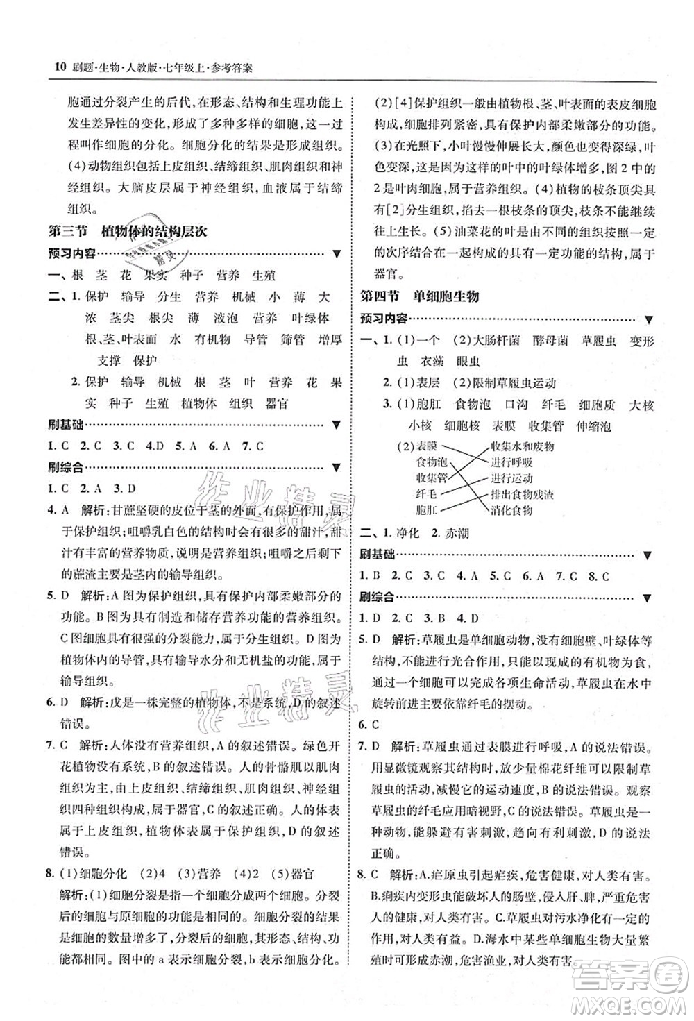 東北師范大學出版社2021北大綠卡刷題七年級生物上冊人教版答案