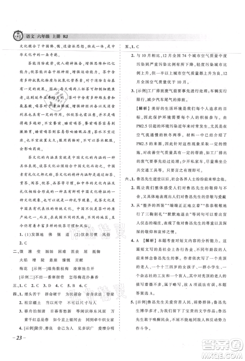 江西人民出版社2021王朝霞考點(diǎn)梳理時習(xí)卷六年級上冊語文人教版參考答案