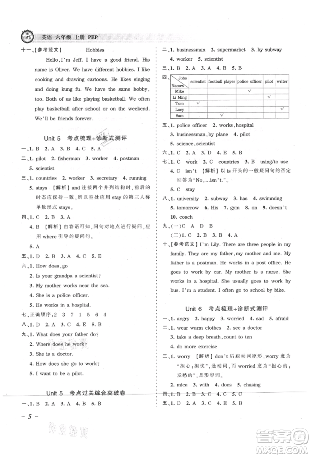 江西人民出版社2021王朝霞考點(diǎn)梳理時(shí)習(xí)卷六年級(jí)上冊(cè)英語(yǔ)人教版參考答案