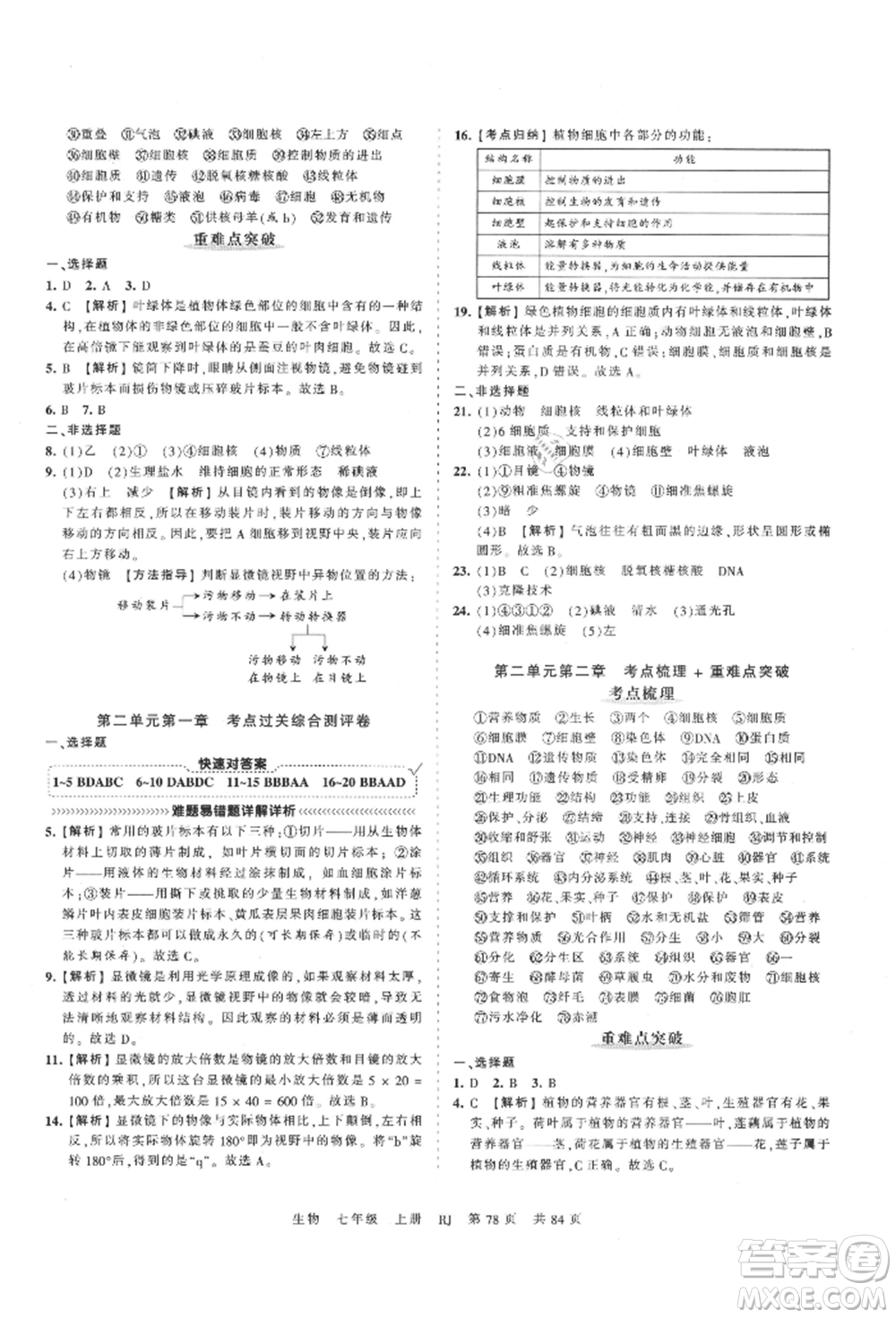 江西人民出版社2021王朝霞考點(diǎn)梳理時(shí)習(xí)卷七年級(jí)上冊(cè)生物人教版參考答案