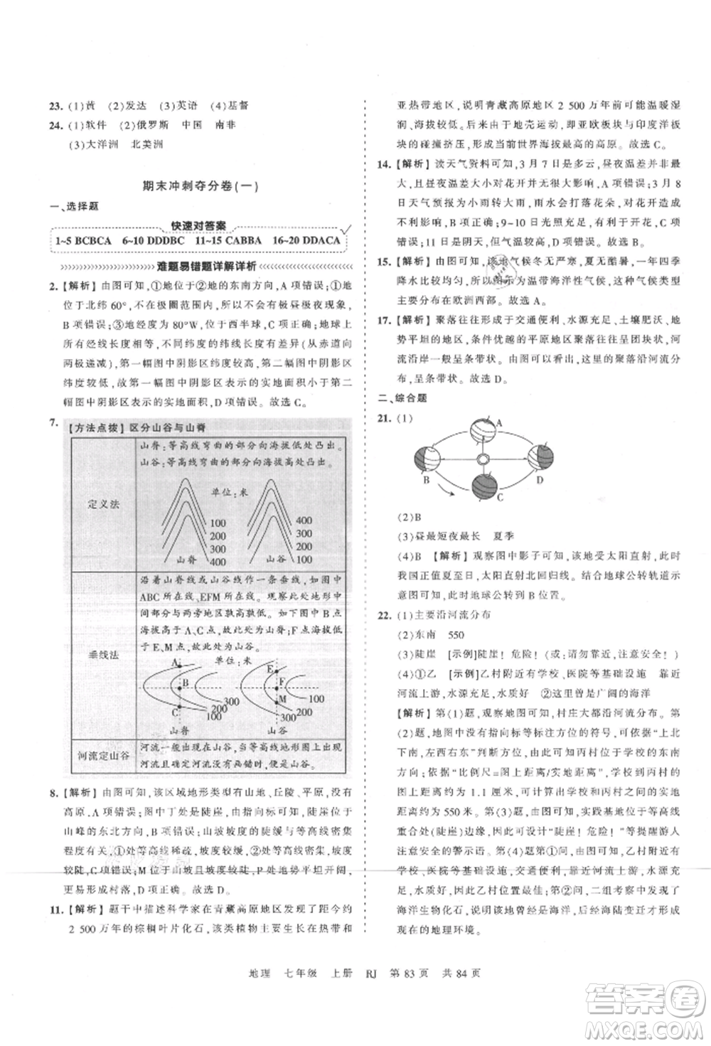 江西人民出版社2021王朝霞考點梳理時習卷七年級上冊地理人教版參考答案