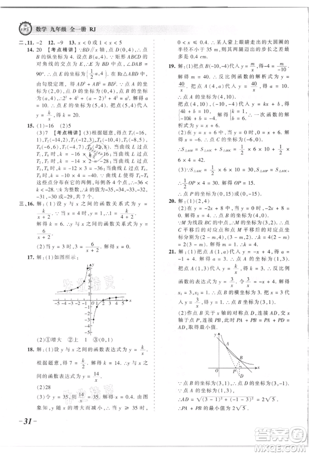 江西人民出版社2021王朝霞考點梳理時習卷九年級數(shù)學人教版參考答案