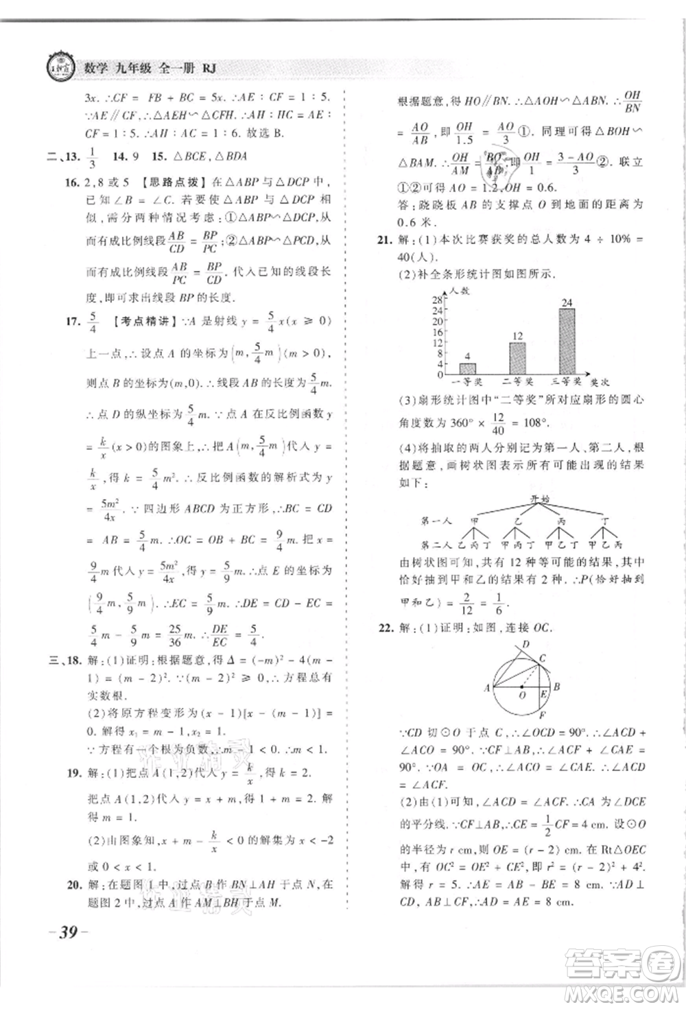 江西人民出版社2021王朝霞考點梳理時習卷九年級數(shù)學人教版參考答案