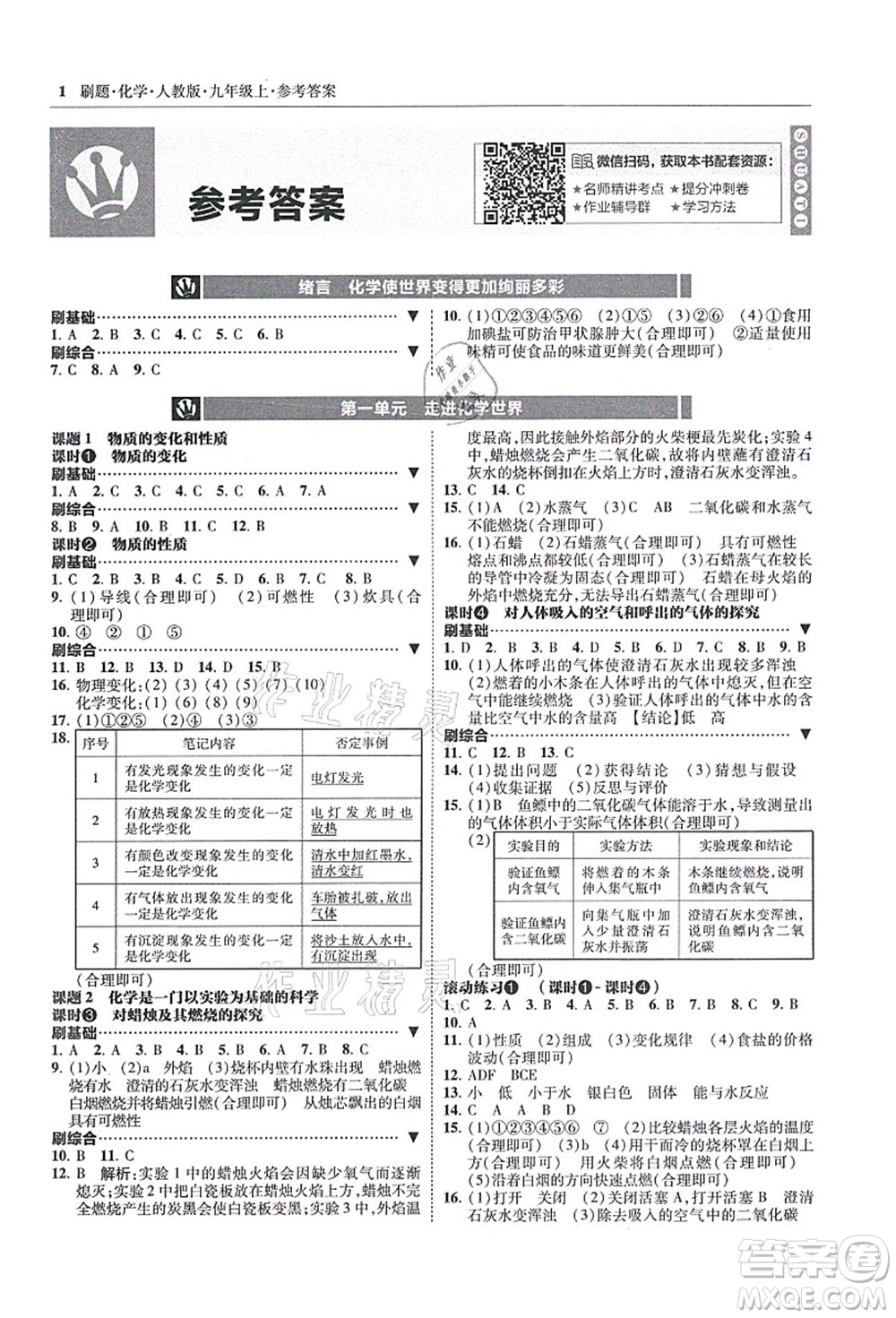 東北師范大學(xué)出版社2021北大綠卡刷題九年級(jí)化學(xué)上冊(cè)人教版答案