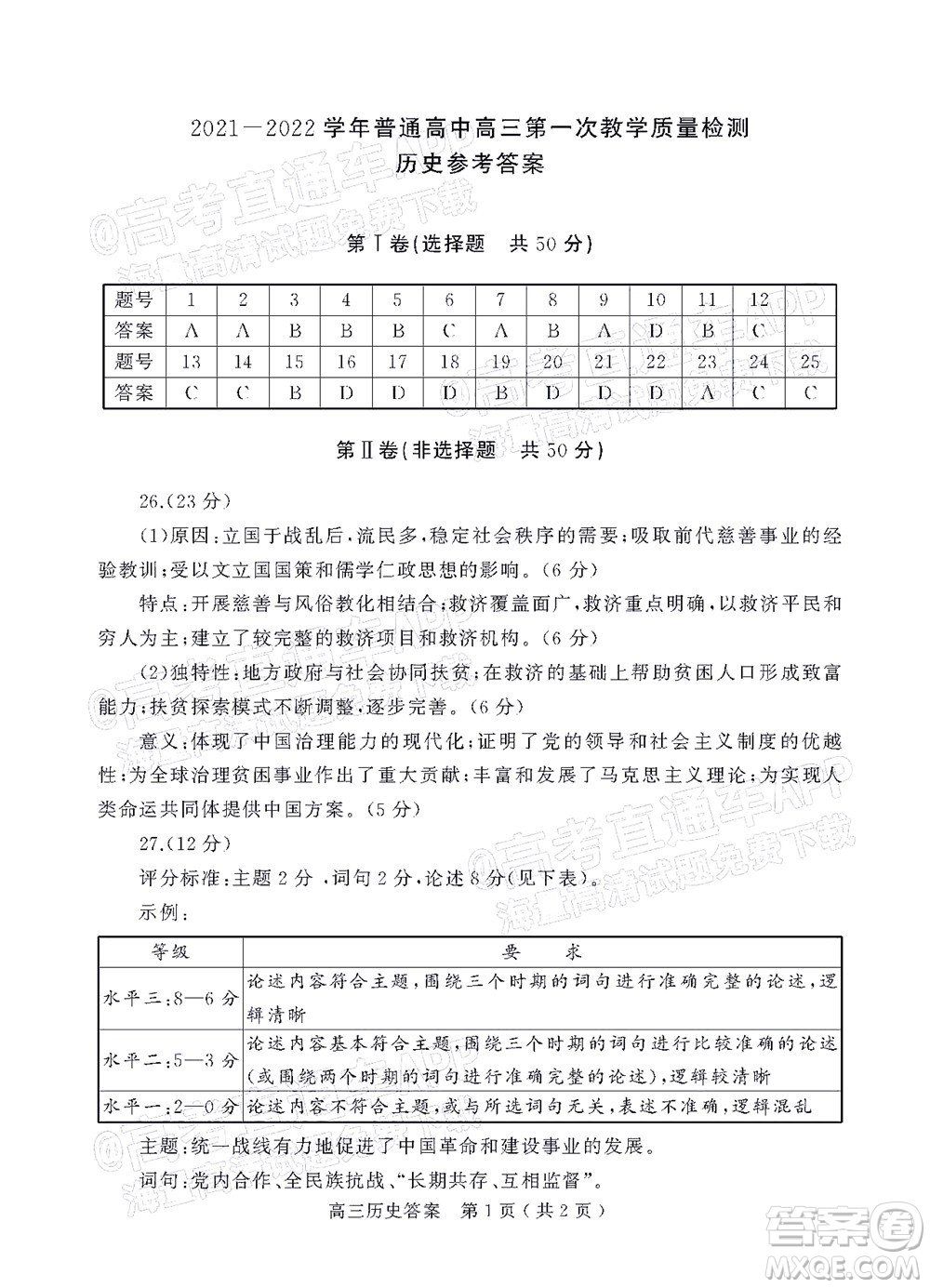 信陽(yáng)2021-2022學(xué)年普通高中高三第一次教學(xué)質(zhì)量檢測(cè)歷史試題及答案