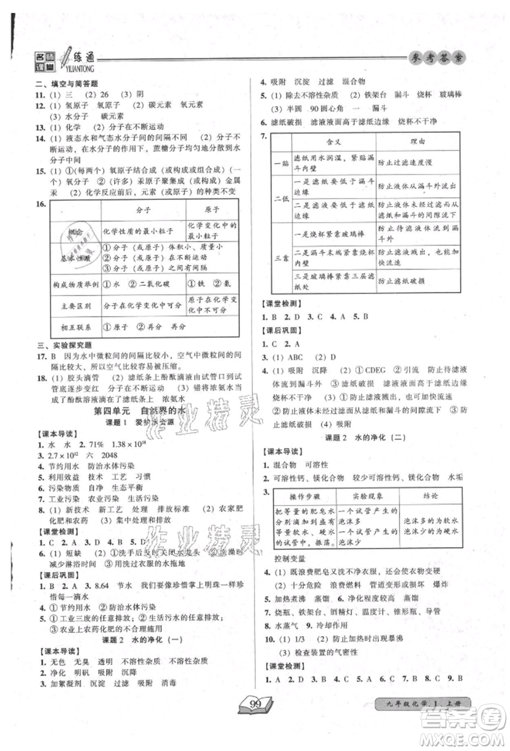 黑龍江美術(shù)出版社2021名師課堂一練通九年級(jí)上冊(cè)化學(xué)人教版參考答案