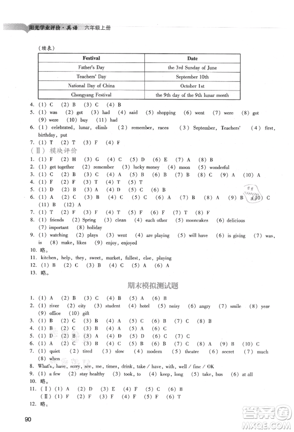 廣州出版社2021陽光學(xué)業(yè)評價六年級上冊英語教科版參考答案