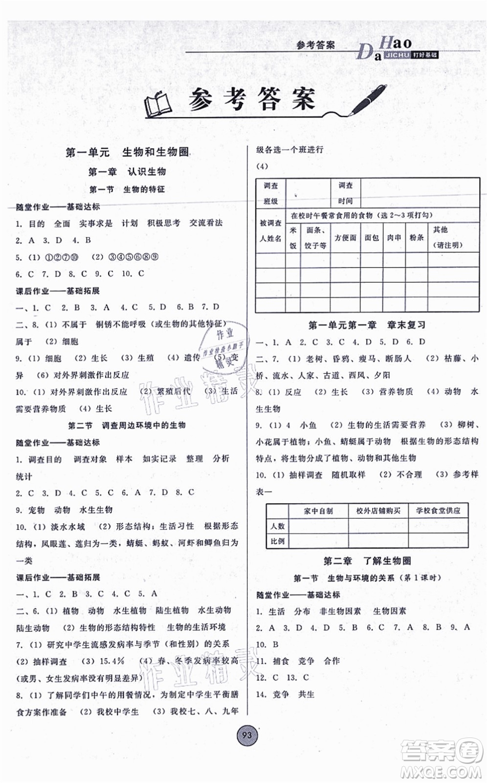 吉林教育出版社2021勝券在握打好基礎(chǔ)作業(yè)本七年級(jí)生物上冊(cè)RJ人教版答案