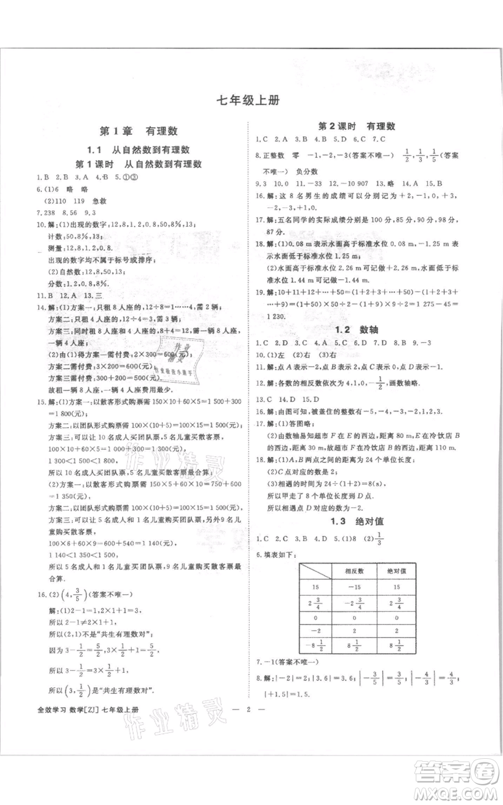 光明日?qǐng)?bào)出版社2021全效學(xué)習(xí)課時(shí)提優(yōu)七年級(jí)上冊(cè)數(shù)學(xué)浙教版精華版參考答案