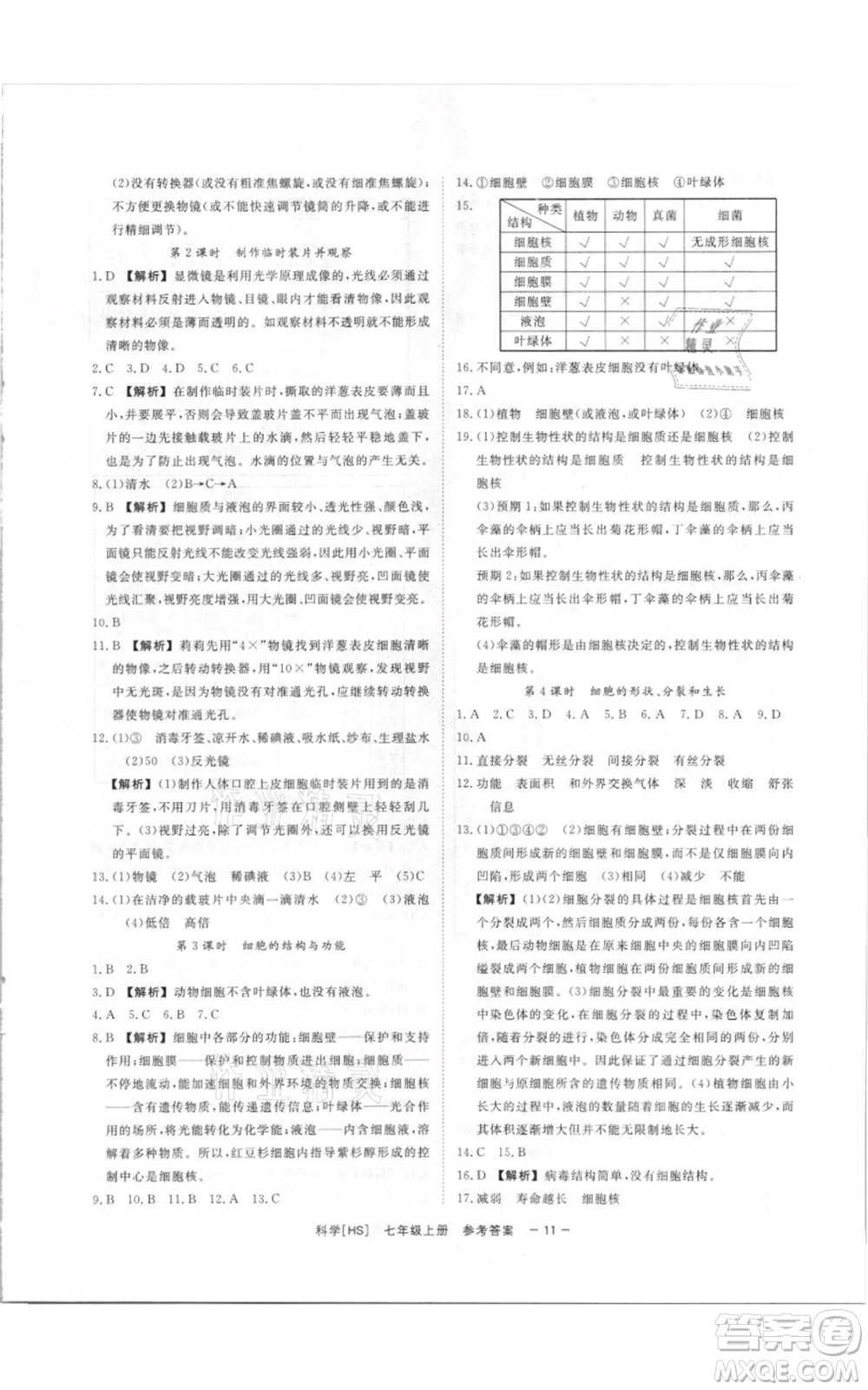 光明日報出版社2021全效學習課時提優(yōu)七年級上冊科學華師大版精華版參考答案