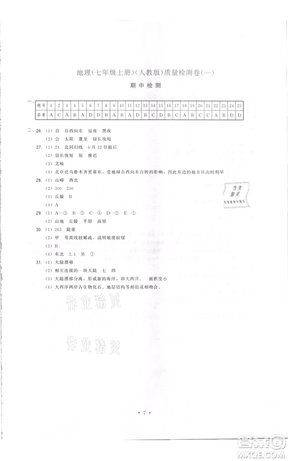 福建人民出版社2021頂尖課課練七年級(jí)上冊(cè)地理人教版參考答案