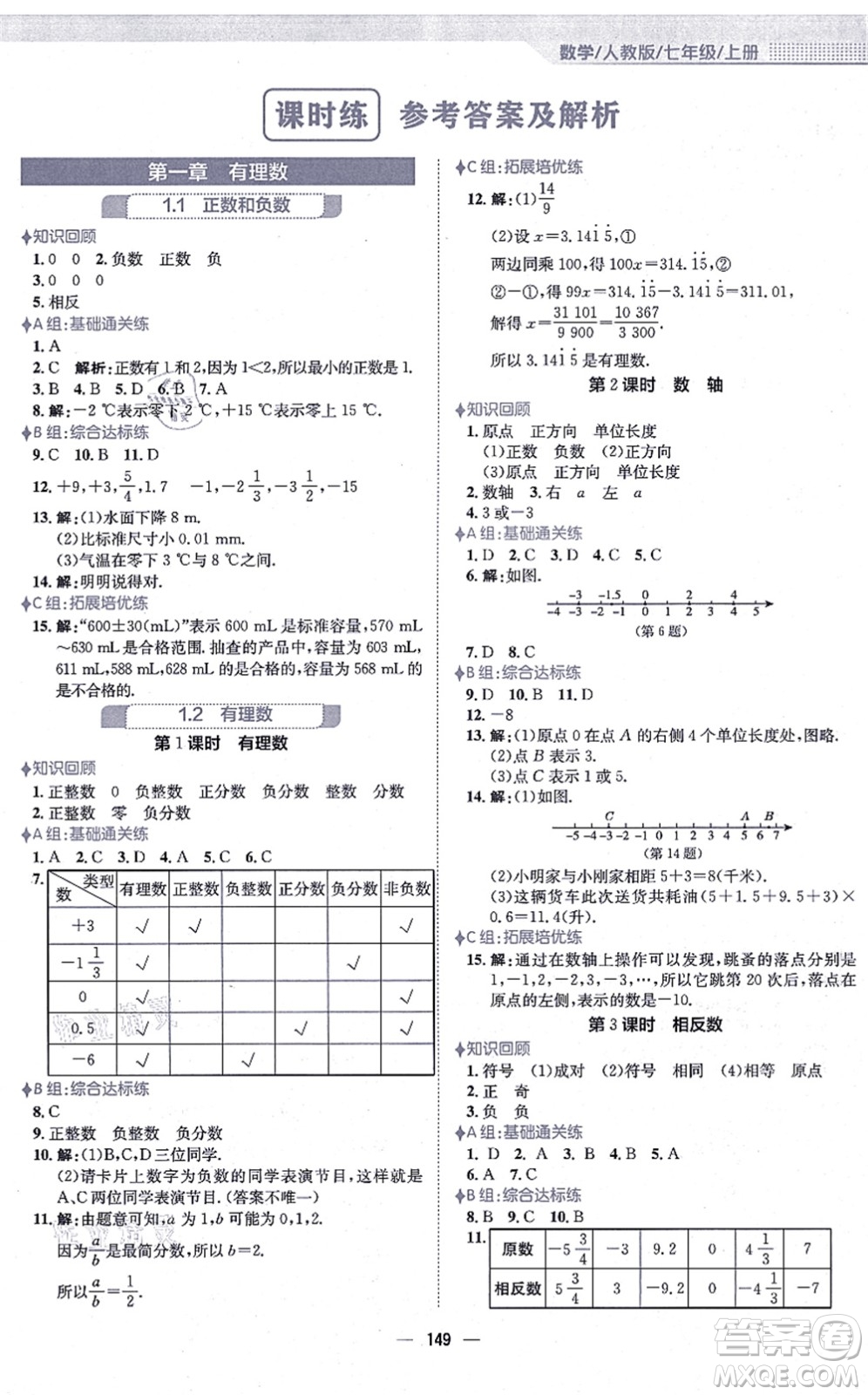 安徽教育出版社2021新編基礎(chǔ)訓練七年級數(shù)學上冊人教版答案