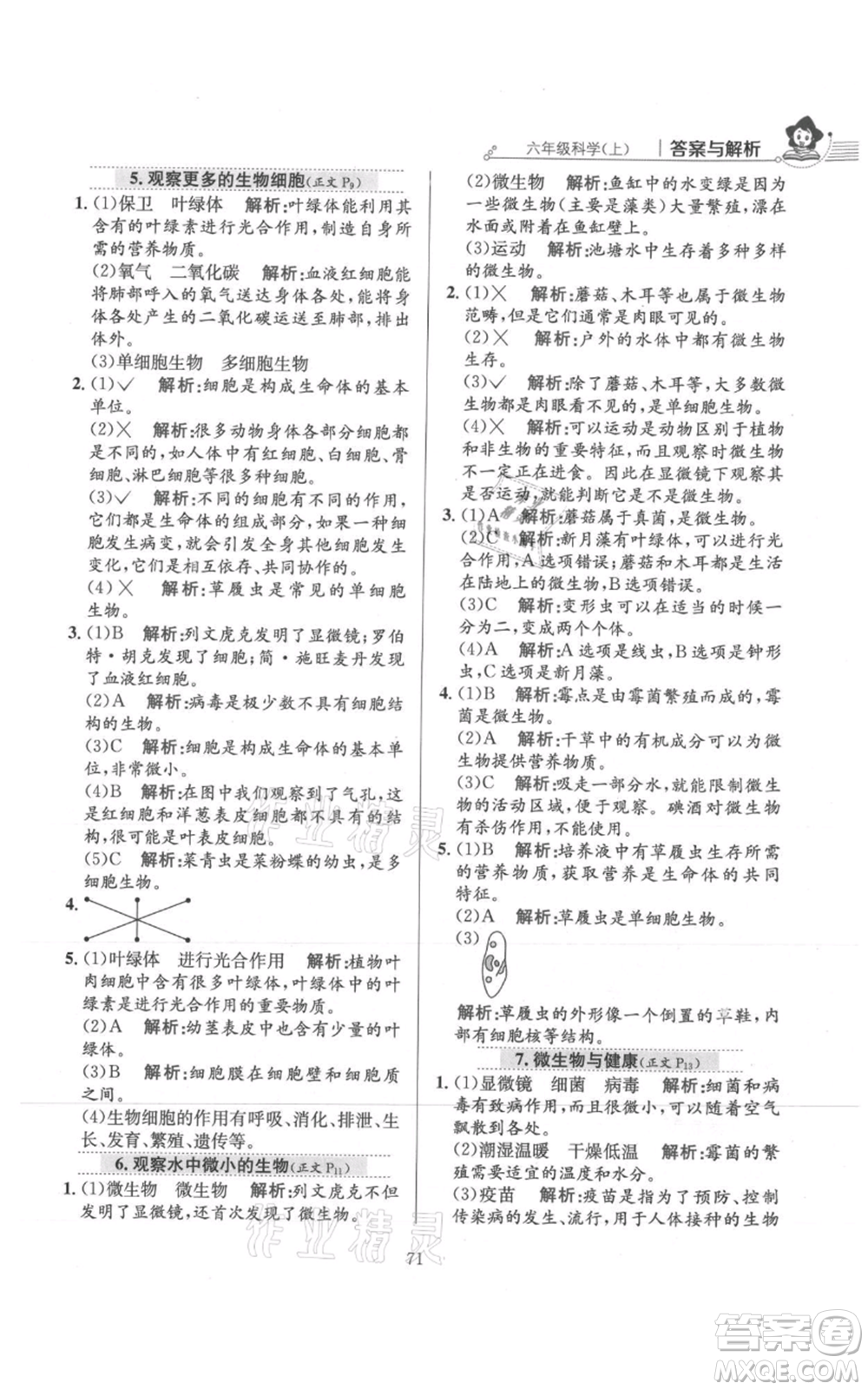 陜西人民教育出版社2021小學教材全練六年級上冊科學教育科學版參考答案