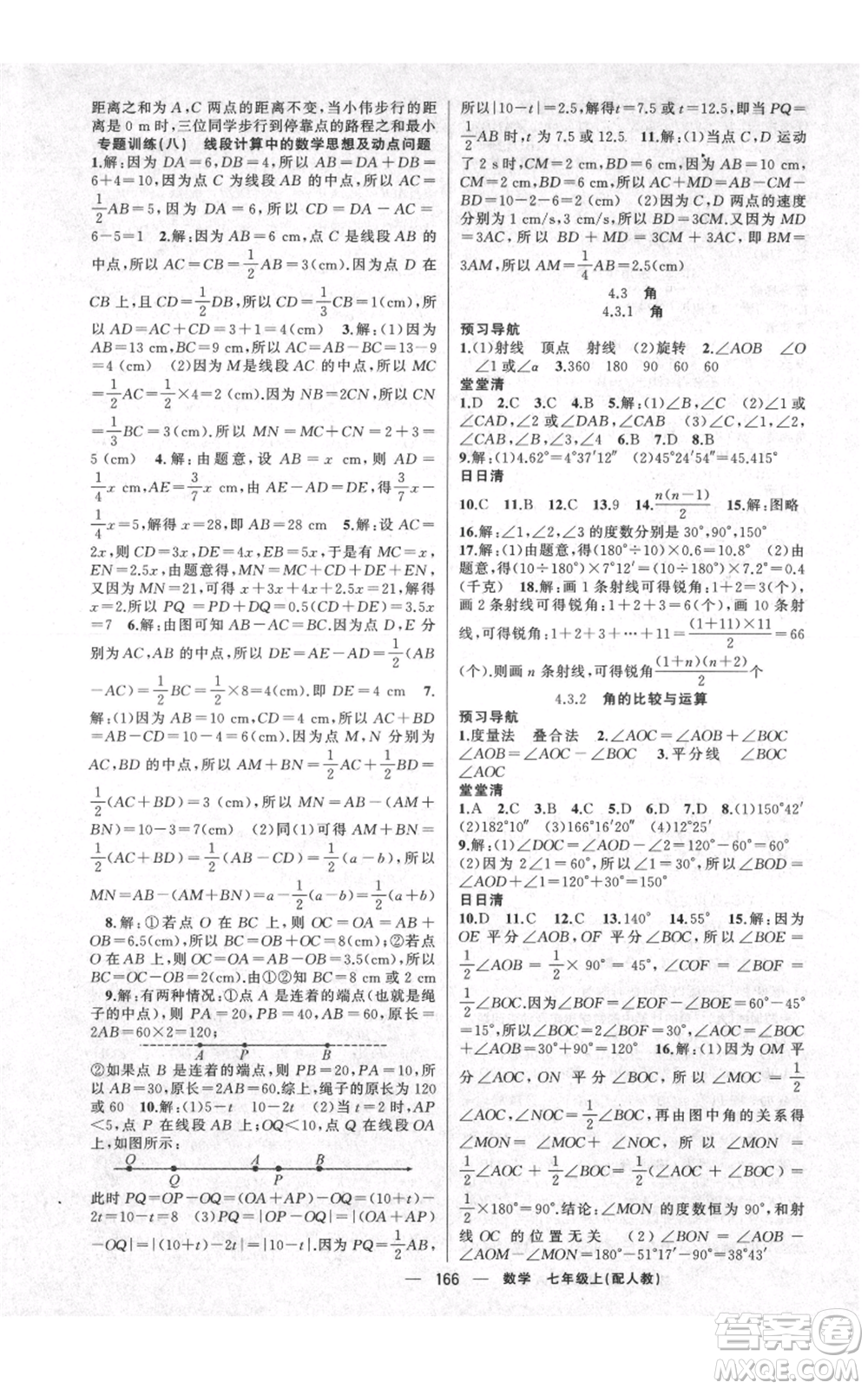 新疆青少年出版社2021四清導航七年級上冊數(shù)學人教版參考答案