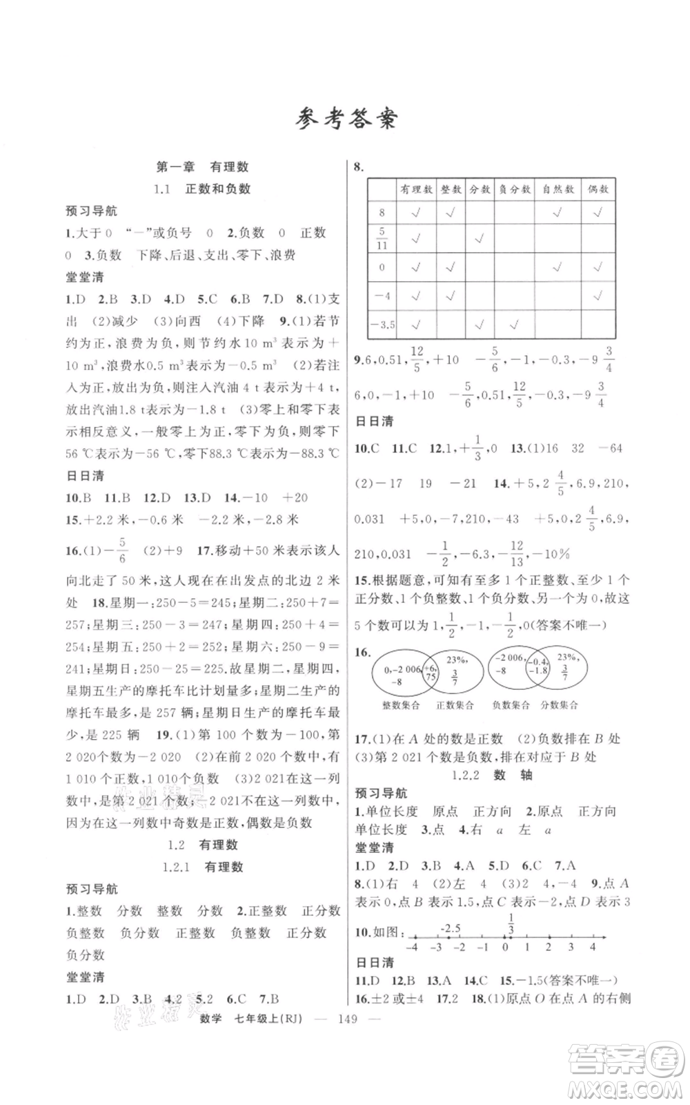 新疆青少年出版社2021四清導航七年級上冊數(shù)學人教版河南專版參考答案