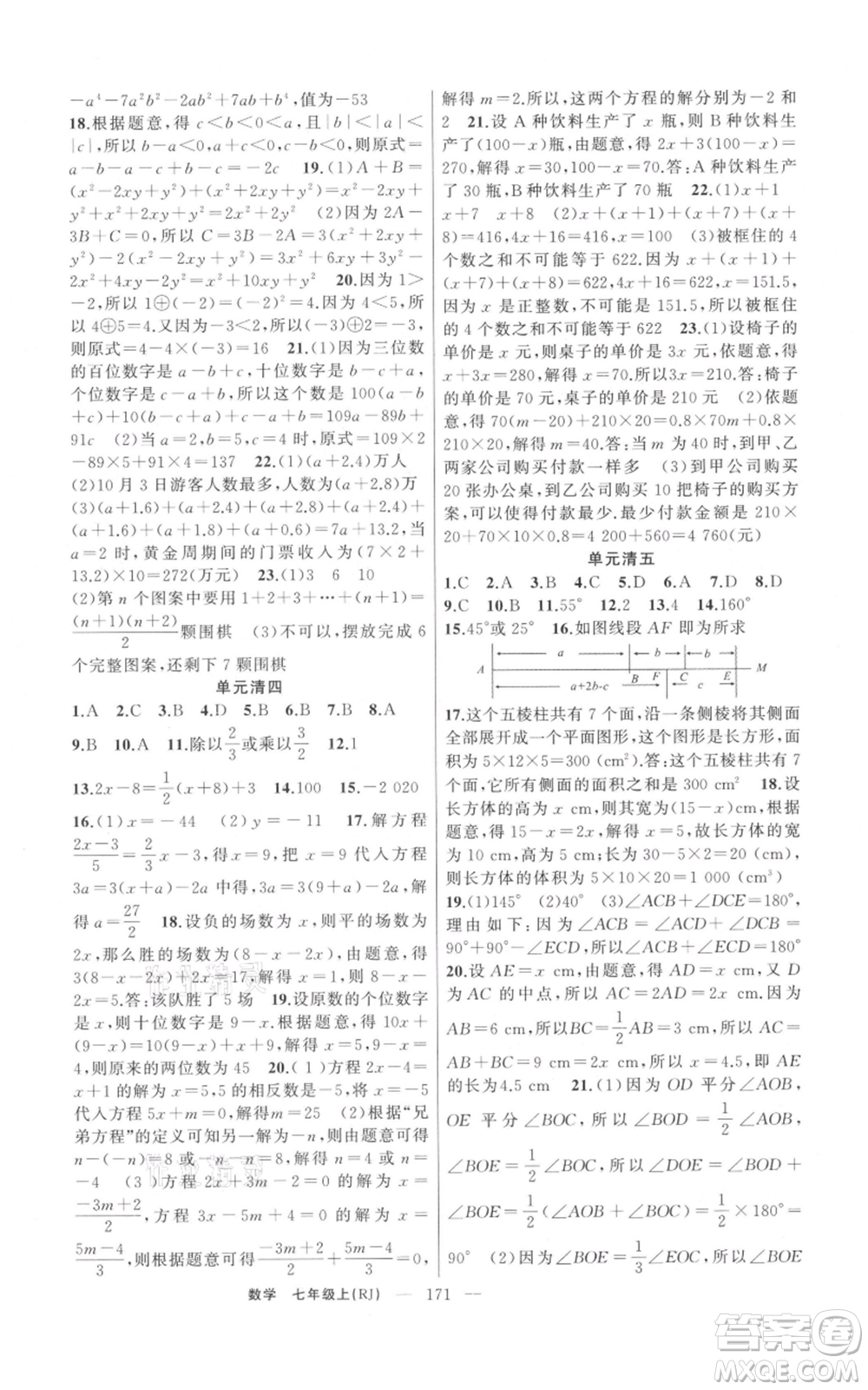 新疆青少年出版社2021四清導航七年級上冊數(shù)學人教版河南專版參考答案