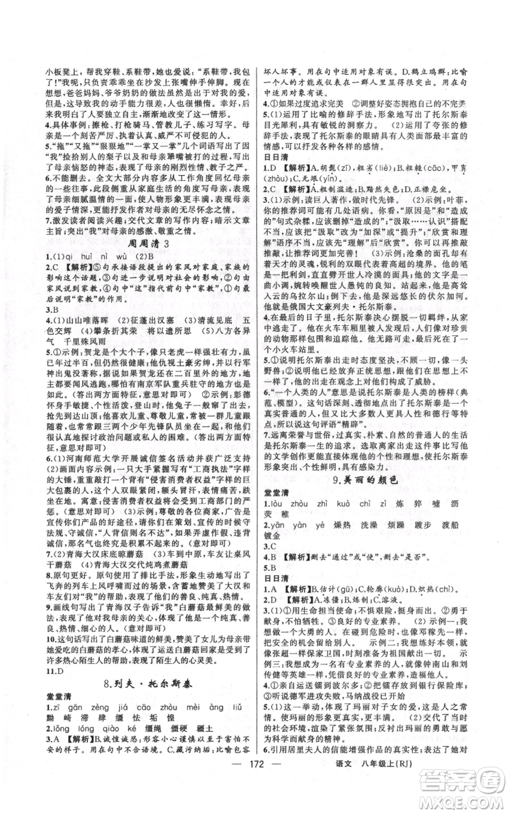 新疆青少年出版社2021四清導(dǎo)航八年級(jí)上冊(cè)語(yǔ)文人教版河南專版參考答案