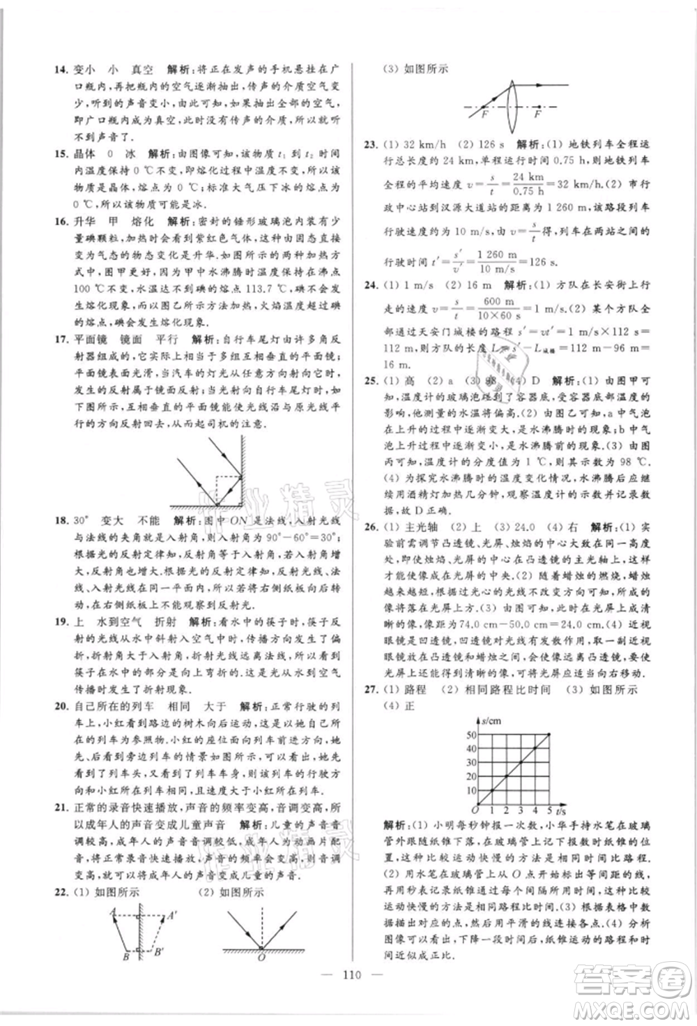 云南美術(shù)出版社2021亮點給力大試卷八年級上冊物理蘇科版參考答案