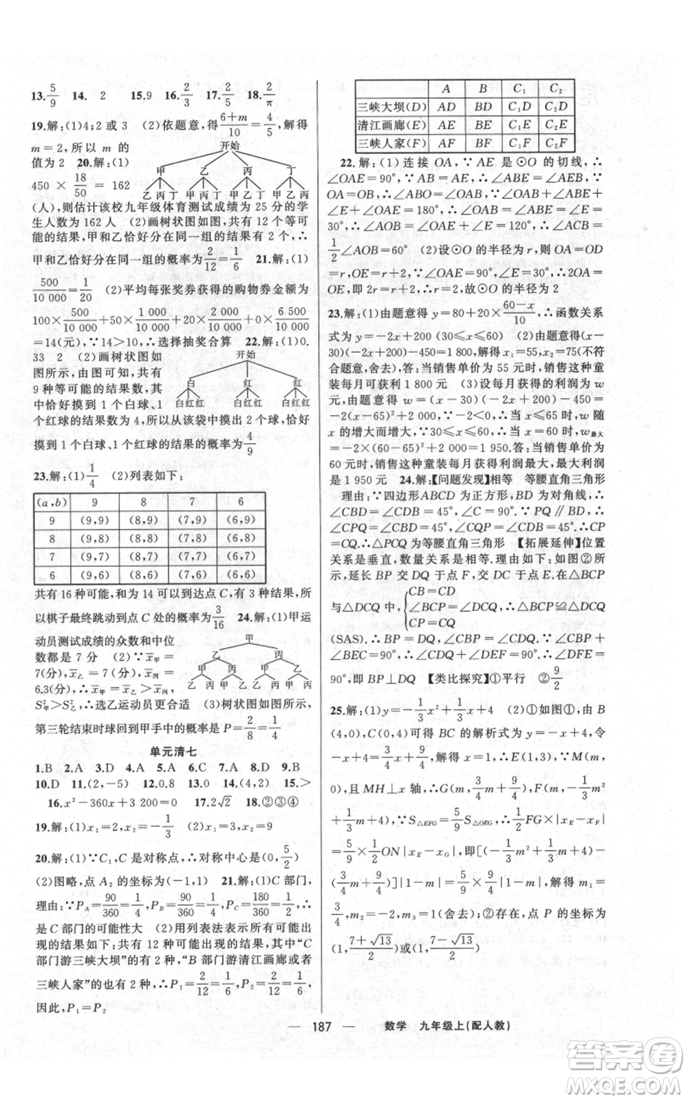 新疆青少年出版社2021四清導航九年級上冊數(shù)學人教版參考答案